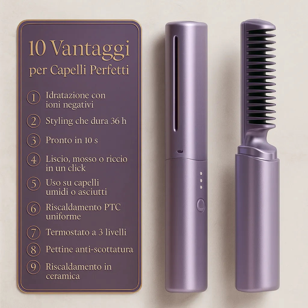 Soavia™ HeatSilk 2F — Pettine e spazzola lisciante 2 in 1 portatile,effetto salone.